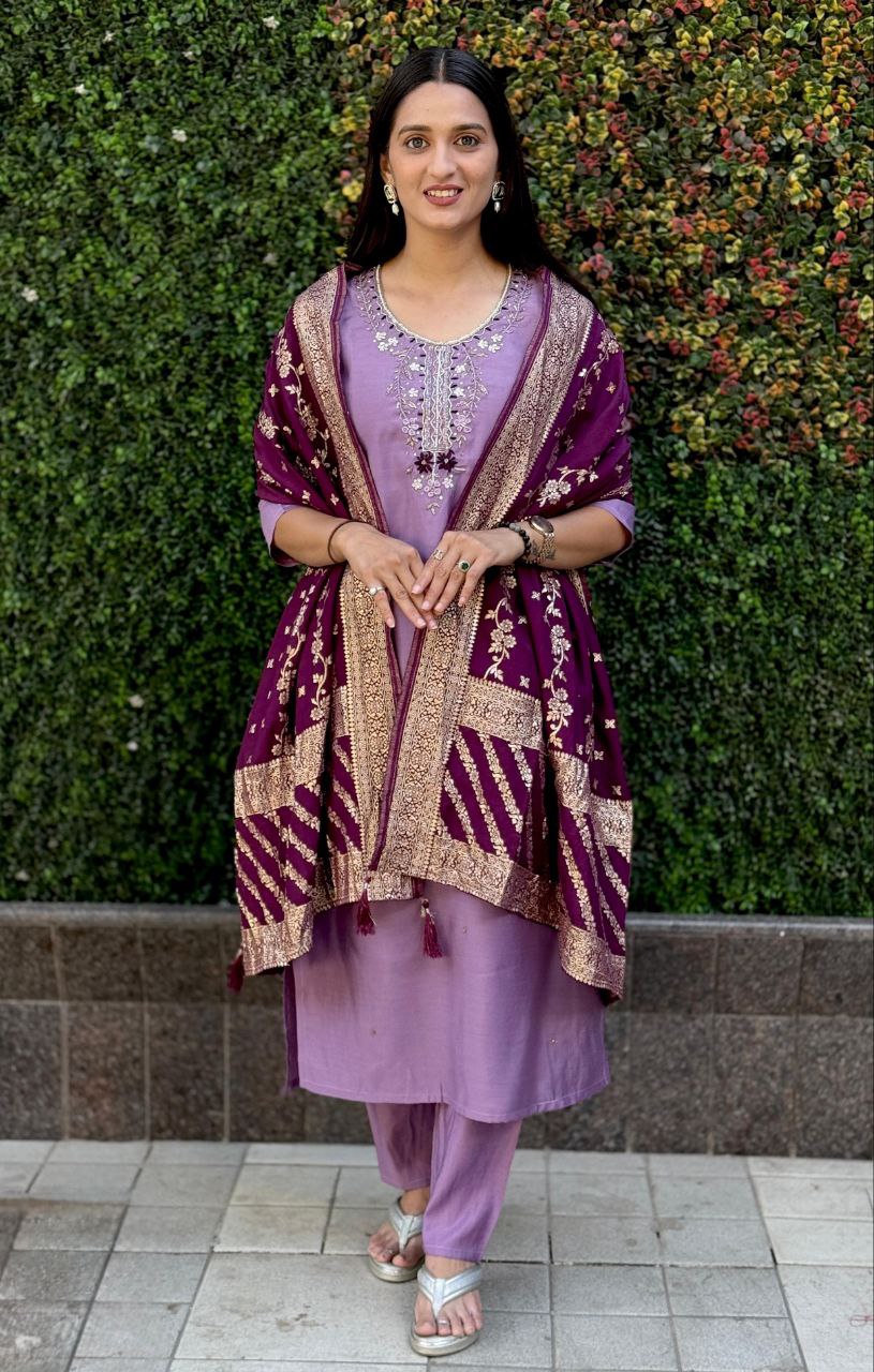 Lorenvalley Fashion Lavender Roman Silk Hand Work Kurta Pant with Dupatta - Distacart