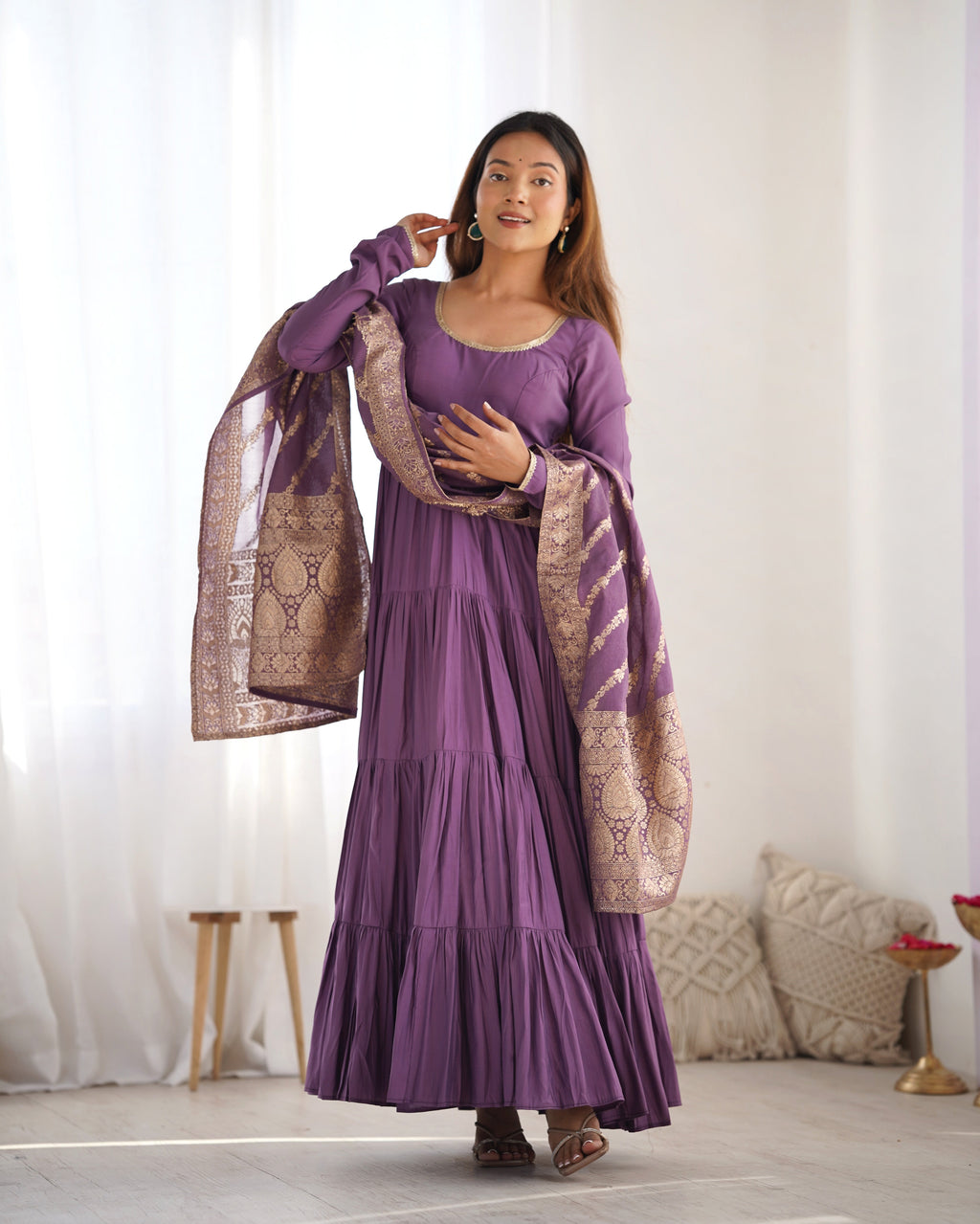 Lorenvalley Women Pure Roman silk Chanderi Fabric Layer Gathering Anarkali Kurta Pant With Dupatta Set - Lavender