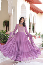 Lorenvalley Fashion Lavender Faux Georgette with Zari & Sequins Embroidered Work Anarkali Gown with Dupatta - Distacart