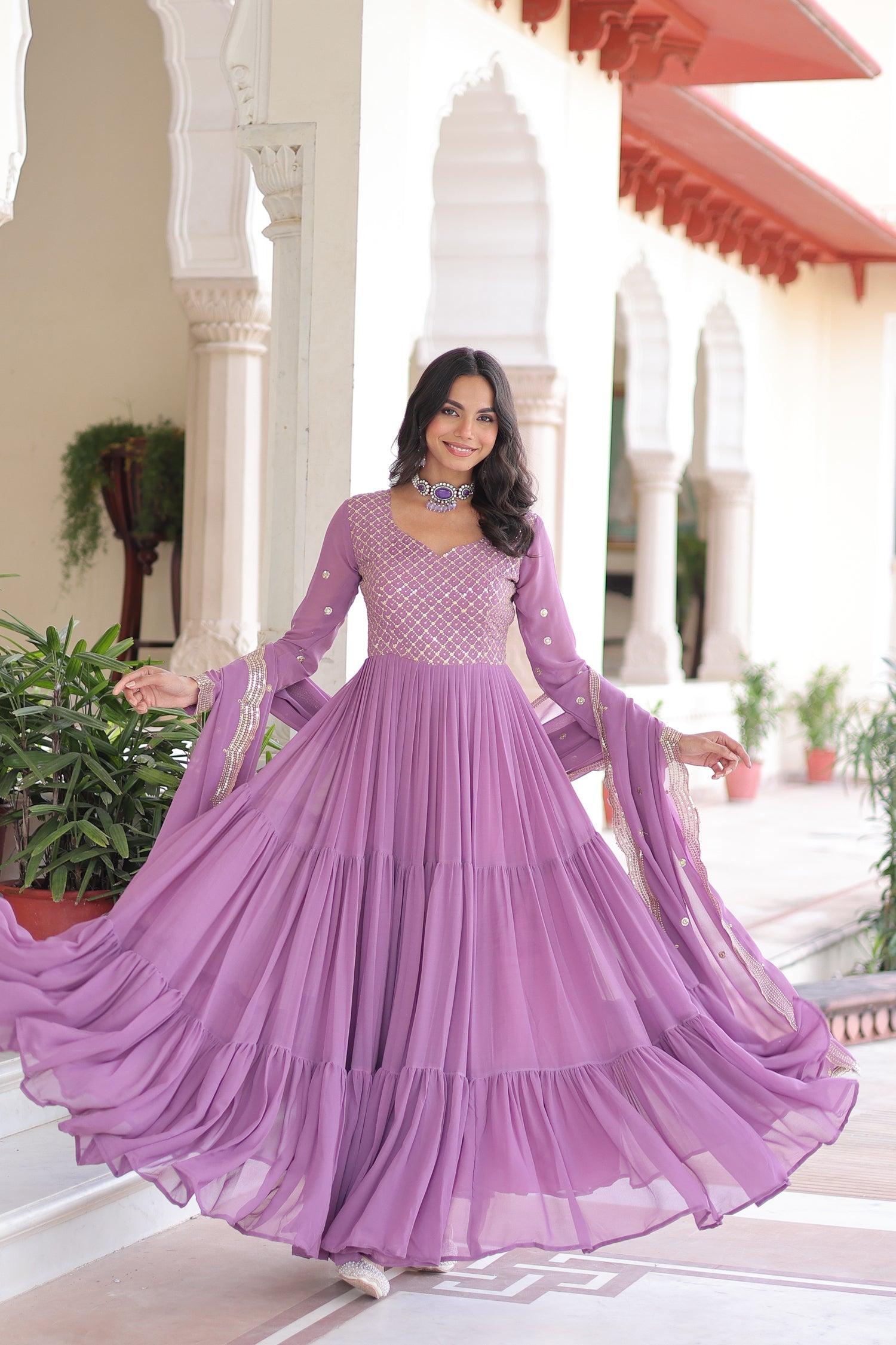 Lorenvalley Fashion Lavender Faux Georgette with Zari & Sequins Embroidered Work Anarkali Gown with Dupatta - Distacart