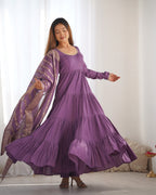 Lorenvalley Women Pure Roman silk Chanderi Fabric Layer Gathering Anarkali Kurta Pant With Dupatta Set - Lavender
