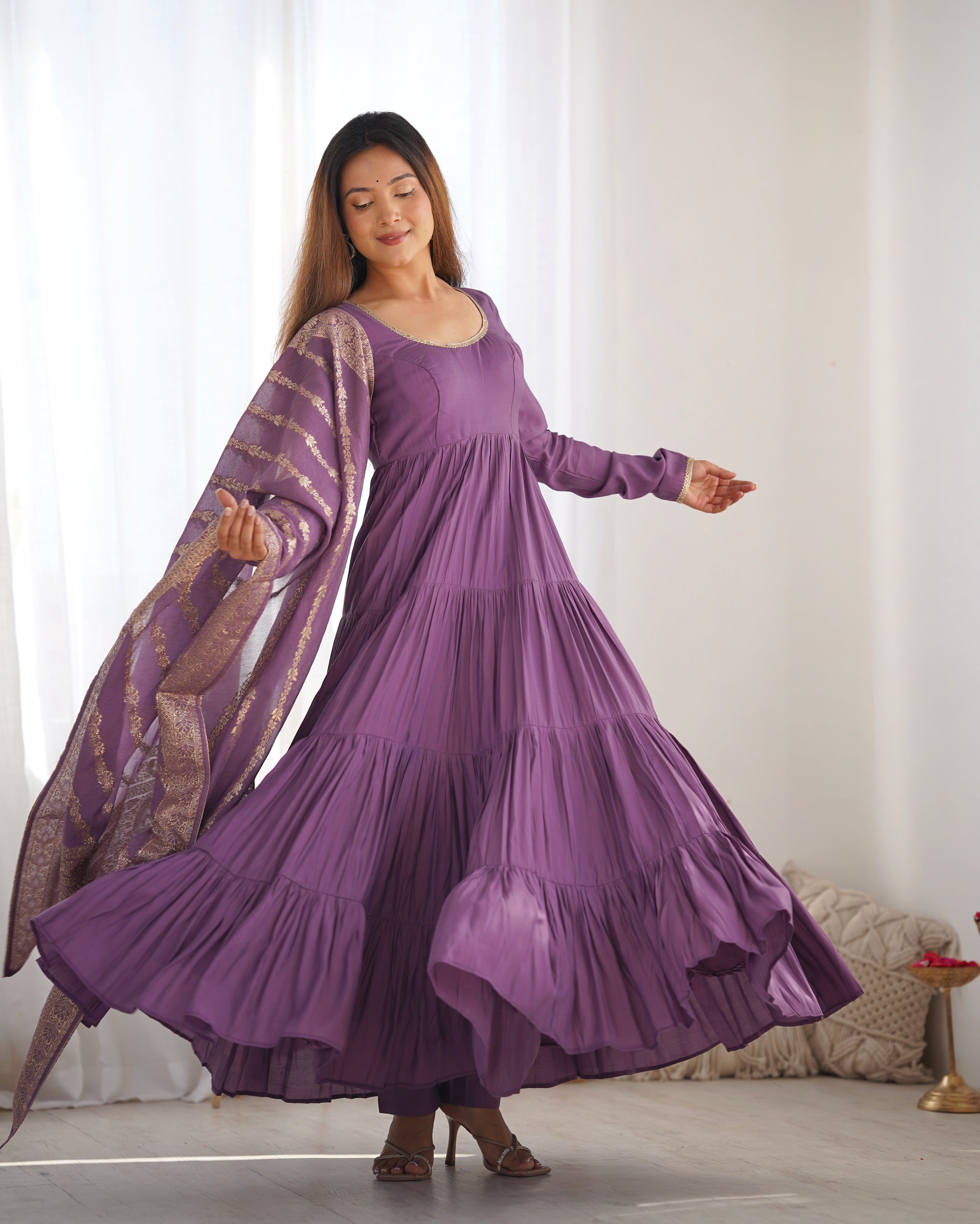 Lorenvalley Women Pure Roman silk Chanderi Fabric Layer Gathering Anarkali Kurta Pant With Dupatta Set - Lavender