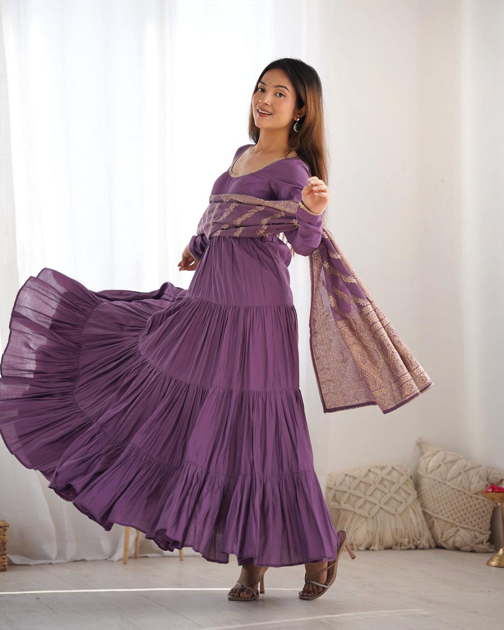 Lorenvalley Women Pure Roman silk Chanderi Fabric Layer Gathering Anarkali Kurta Pant With Dupatta Set - Lavender
