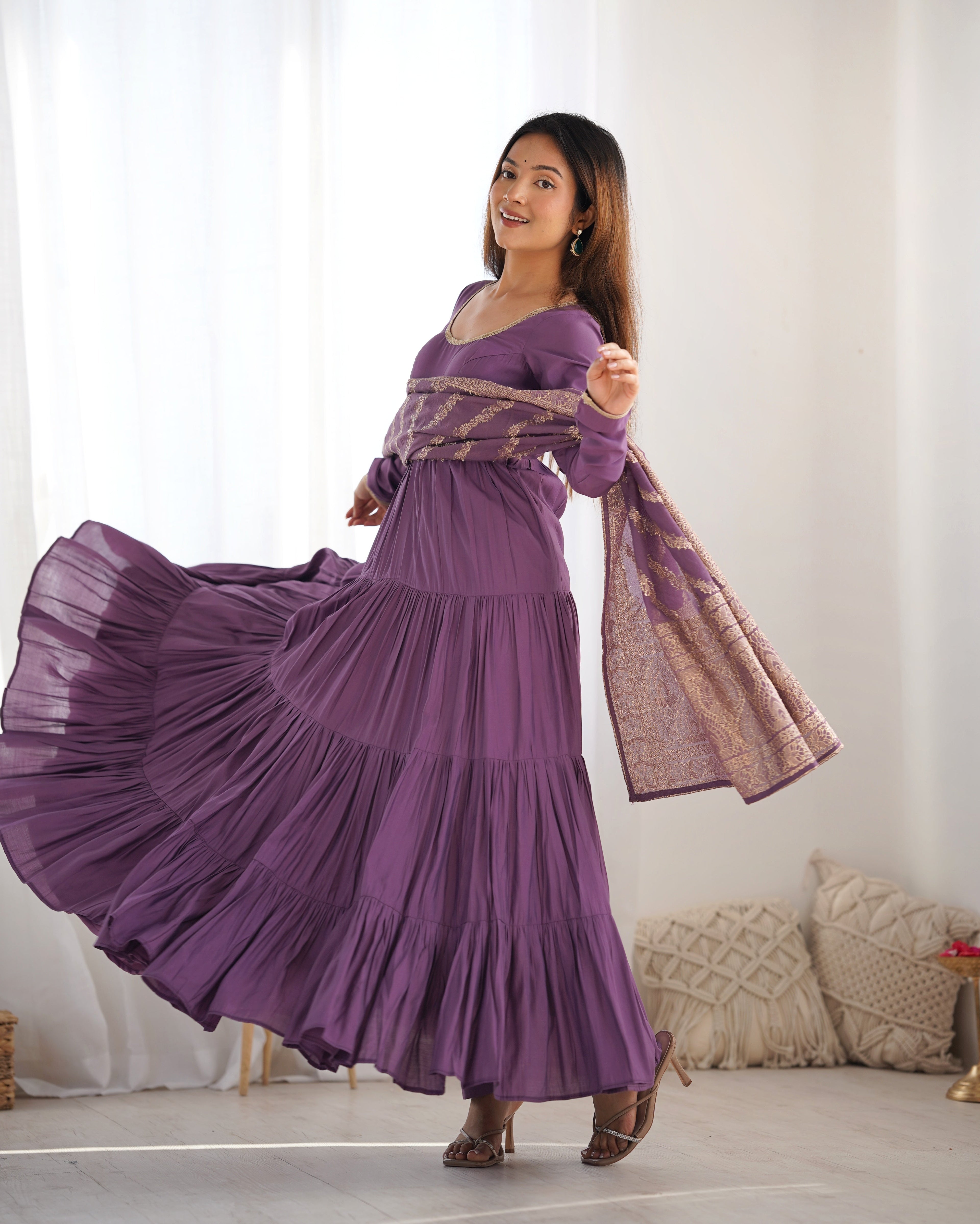 Lorenvalley Women Pure Roman silk Chanderi Fabric Layer Gathering Anarkali Kurta Pant With Dupatta Set - Lavender