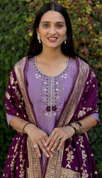 Lorenvalley Fashion Lavender Roman Silk Hand Work Kurta Pant with Dupatta - Distacart