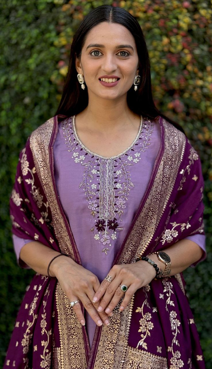 Lorenvalley Fashion Lavender Roman Silk Hand Work Kurta Pant with Dupatta - Distacart