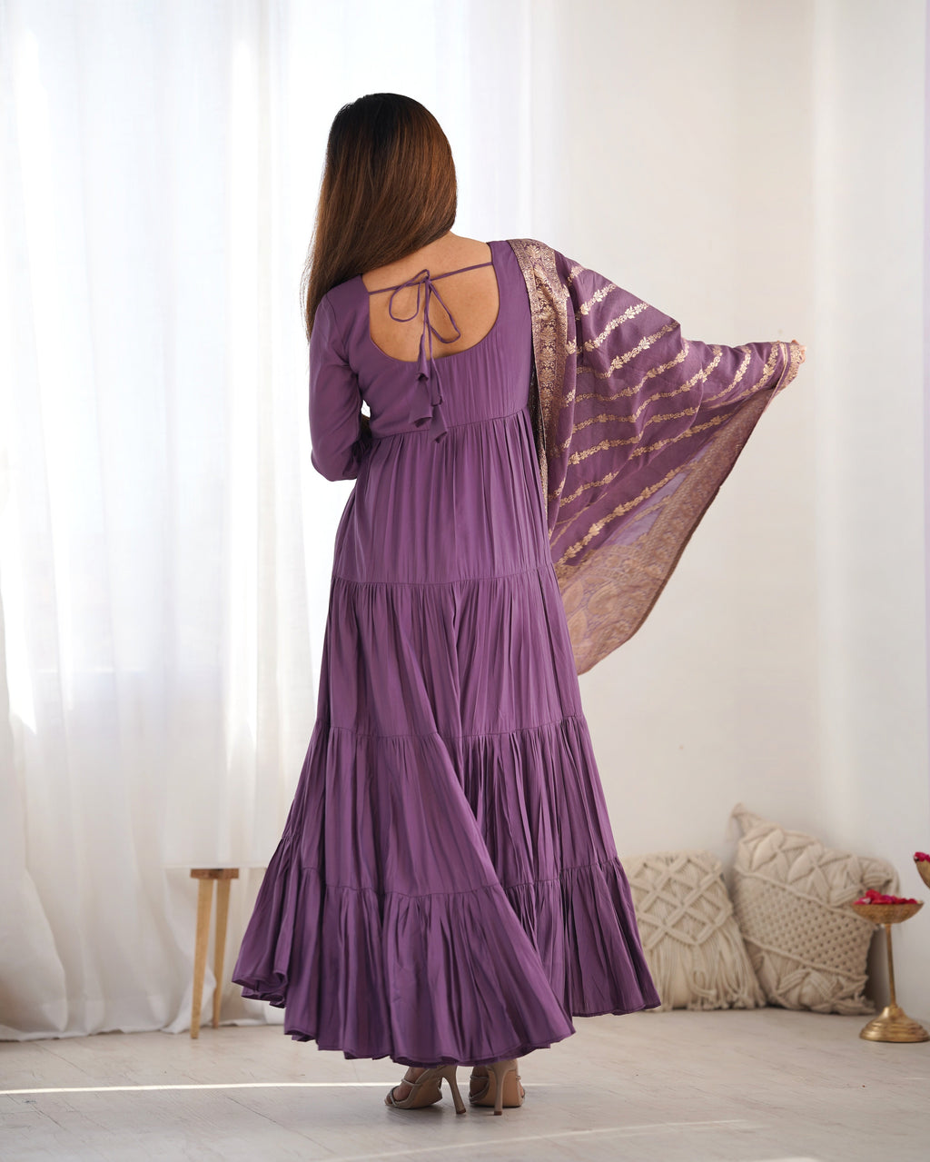 Lorenvalley Women Pure Roman silk Chanderi Fabric Layer Gathering Anarkali Kurta Pant With Dupatta Set - Lavender