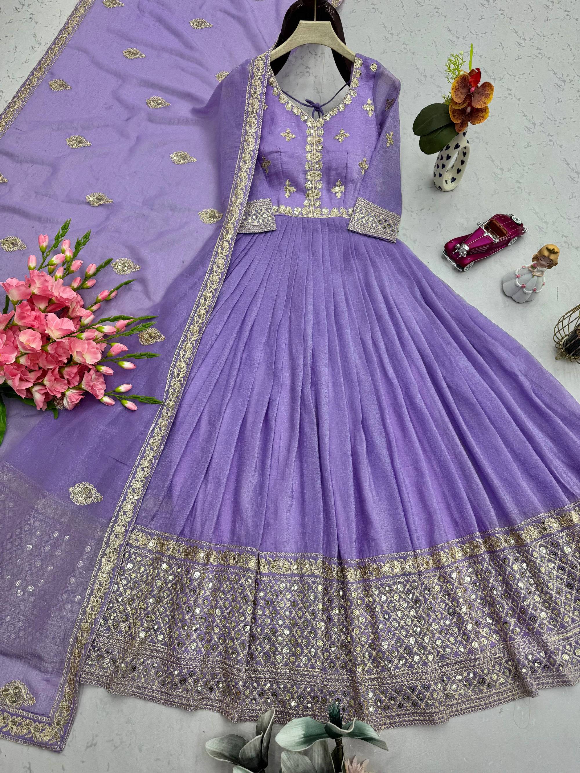 Lorenvalley Fashion Lavender Crunchy Silk with Embroidery Codding & Sequins Work Anarkali Gown with Dupatta - Distacart