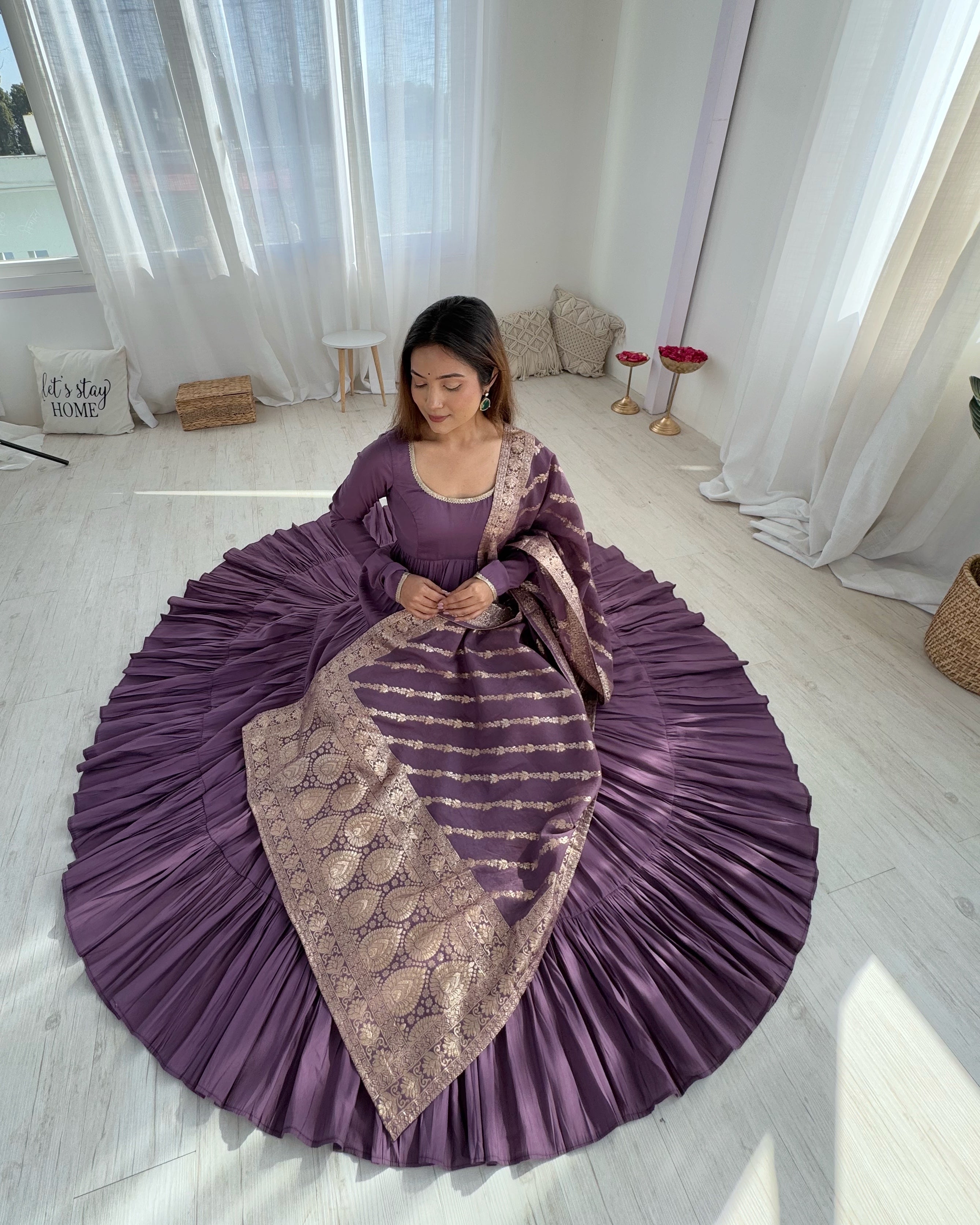 Lorenvalley Women Pure Roman silk Chanderi Fabric Layer Gathering Anarkali Kurta Pant With Dupatta Set - Lavender