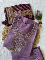 Lorenvalley Fashion Lavender Roman Silk Hand Work Kurta Pant with Dupatta - Distacart
