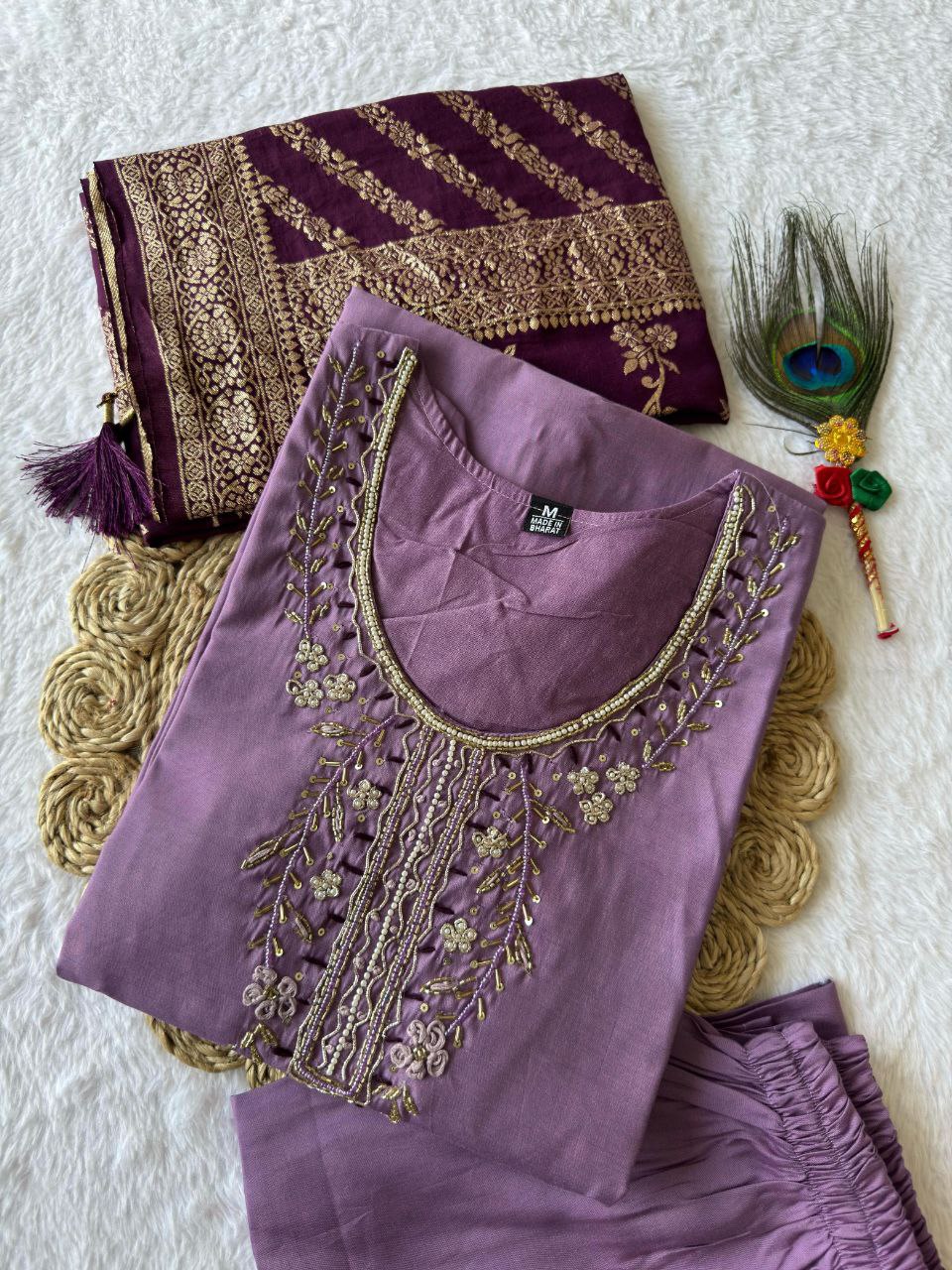 Lorenvalley Fashion Lavender Roman Silk Hand Work Kurta Pant with Dupatta - Distacart