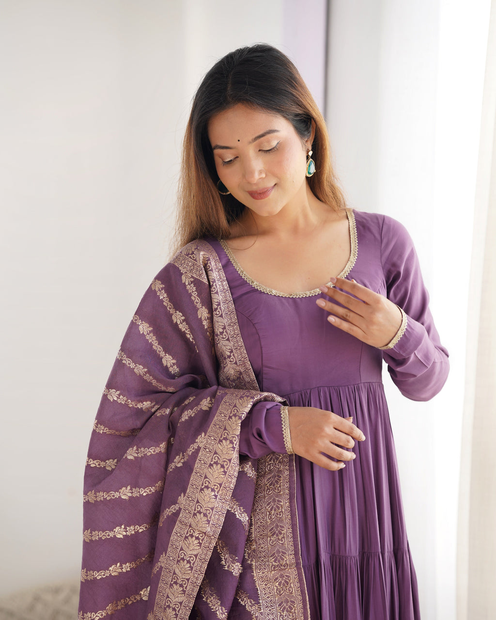 Lorenvalley Women Pure Roman silk Chanderi Fabric Layer Gathering Anarkali Kurta Pant With Dupatta Set - Lavender