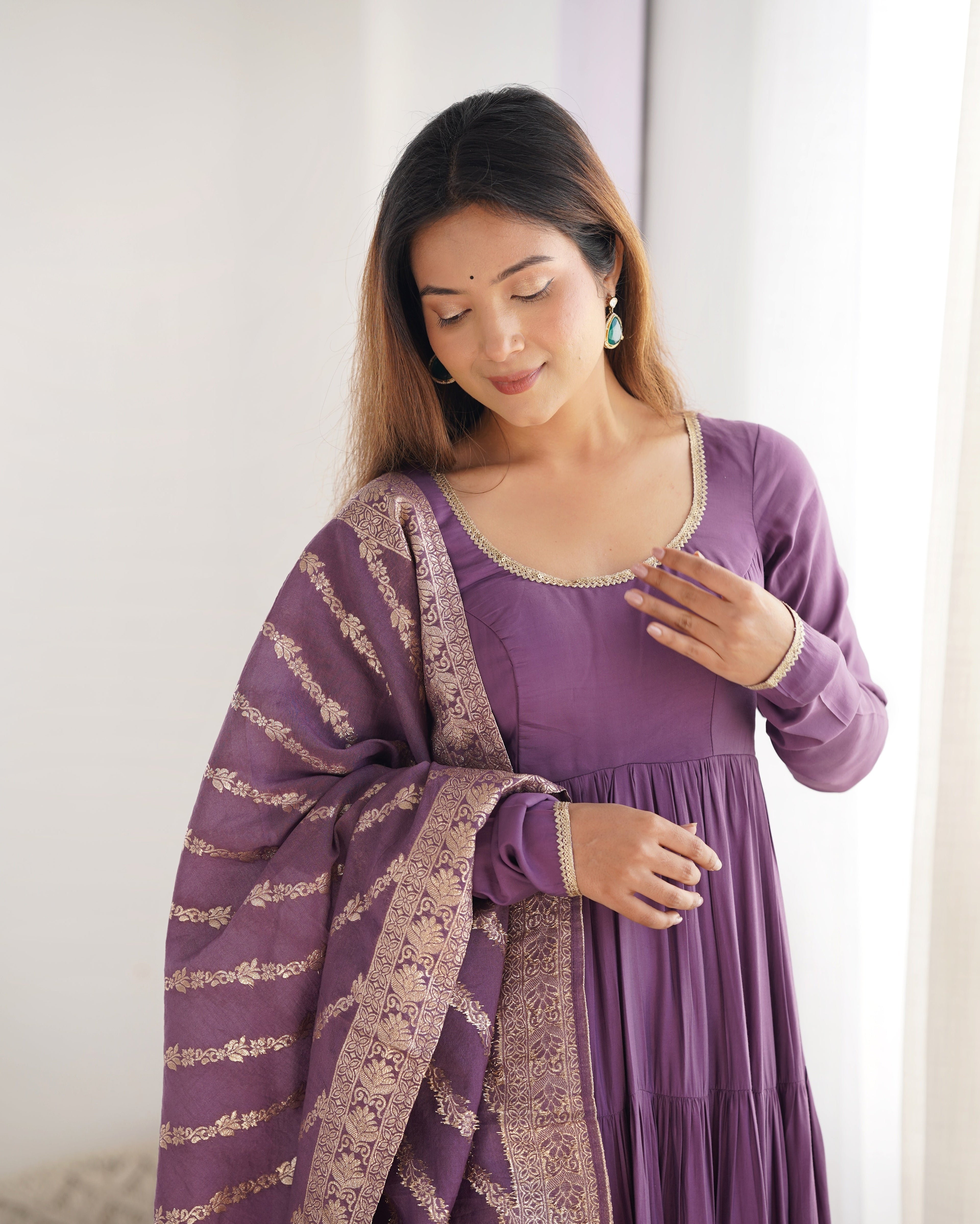 Lorenvalley Women Pure Roman silk Chanderi Fabric Layer Gathering Anarkali Kurta Pant With Dupatta Set - Lavender