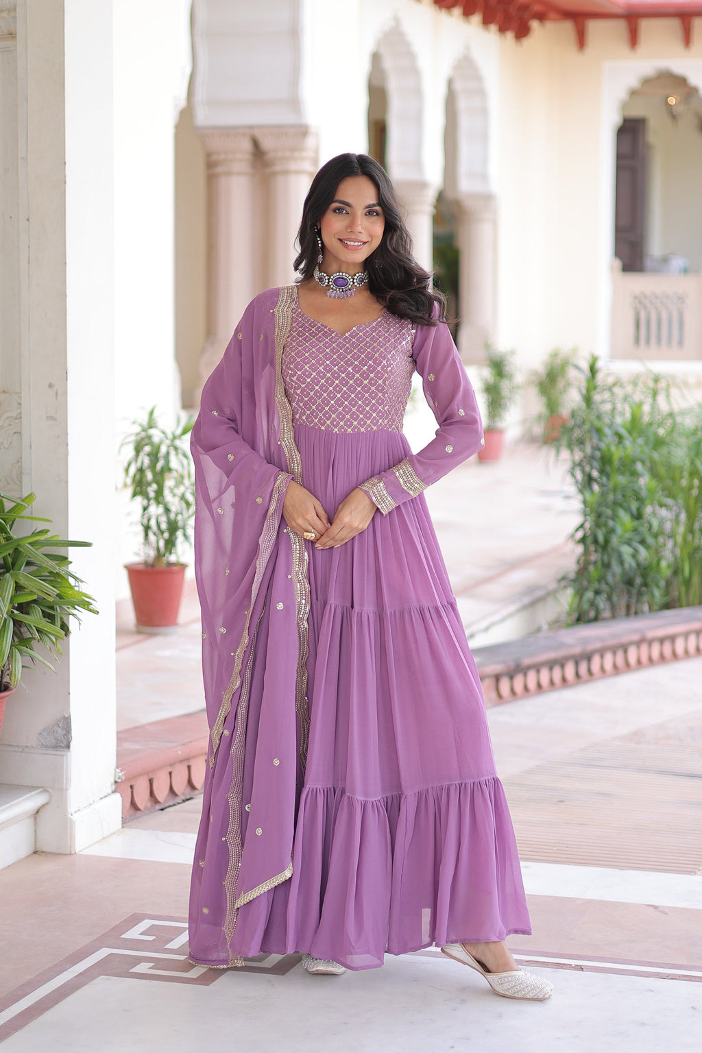 Lorenvalley Fashion Lavender Faux Georgette with Zari & Sequins Embroidered Work Anarkali Gown with Dupatta - Distacart