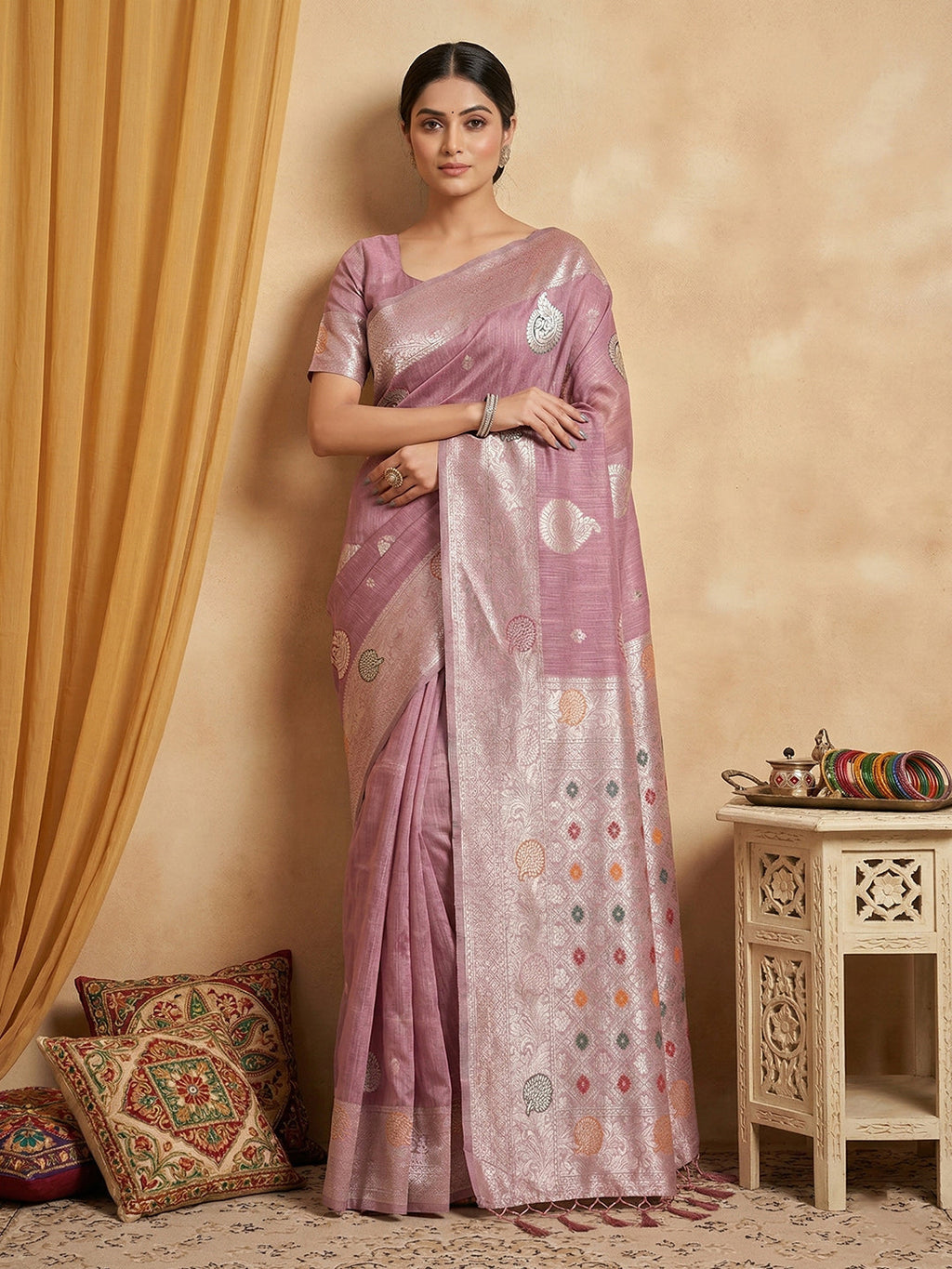 Anaita Lavender Linen Woven Work Saree With Blouse - Distacart