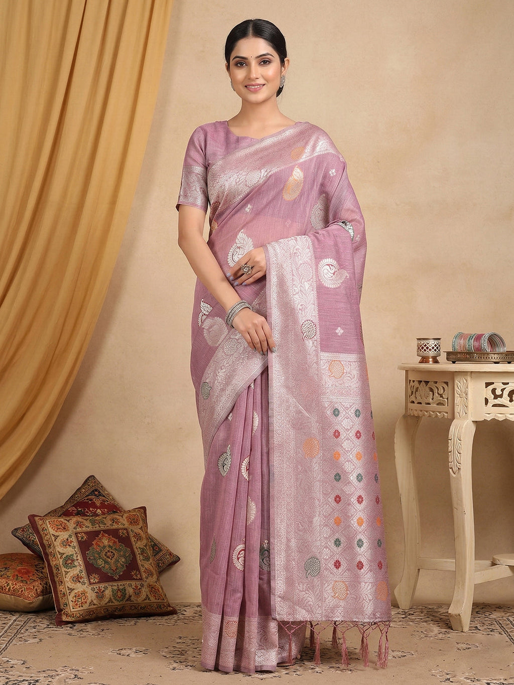 Anaita Lavender Linen Woven Work Saree With Blouse - Distacart
