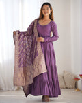 Lorenvalley Women Pure Roman silk Chanderi Fabric Layer Gathering Anarkali Kurta Pant With Dupatta Set - Lavender