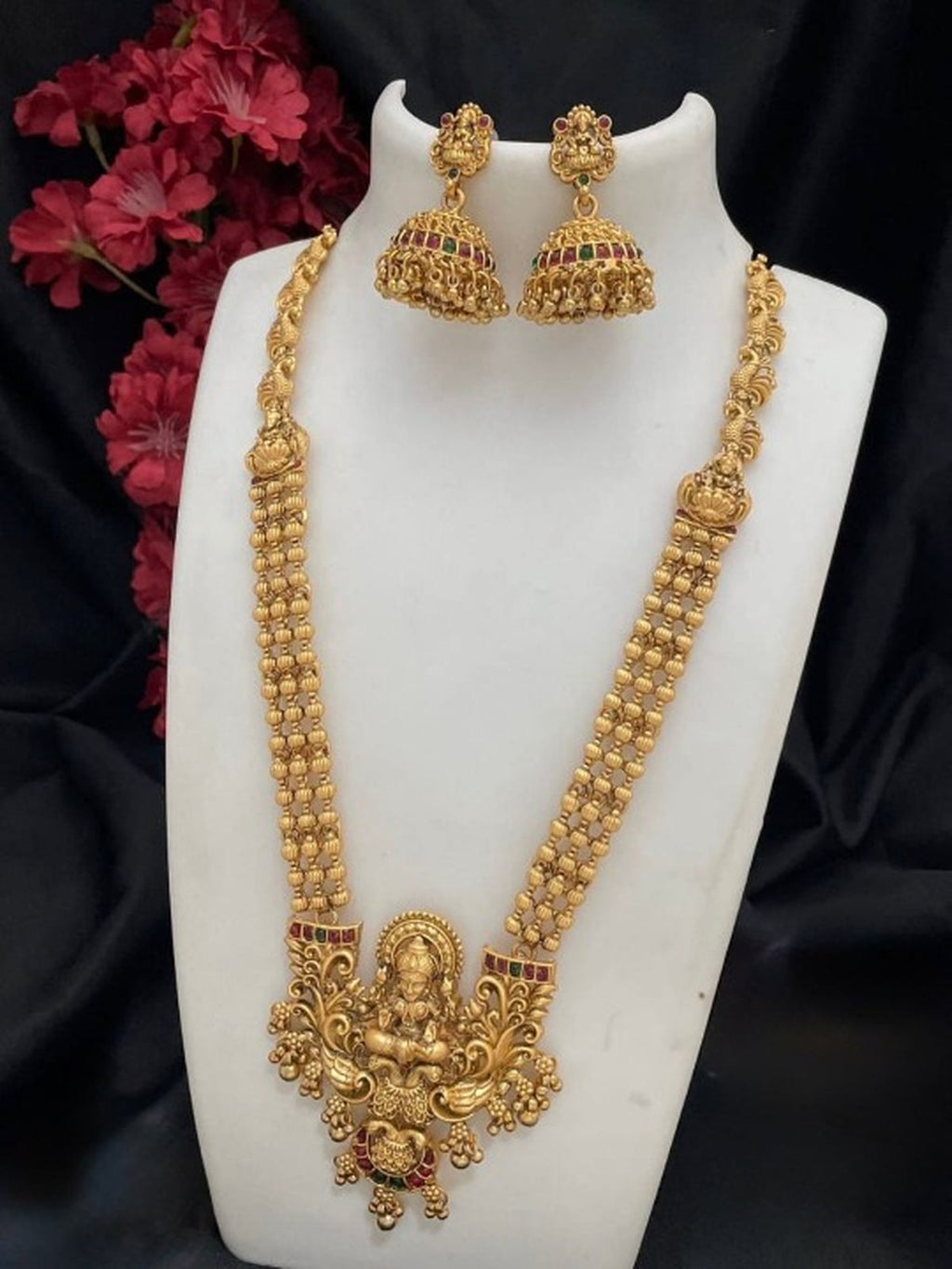 Jewel City Antique Gold-Plated Lakshmi Temple Long Necklace Set with Jhumka Earrings for Women