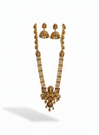 Jewel City Antique Gold-Plated Lakshmi Temple Long Necklace Set with Jhumka Earrings for Women