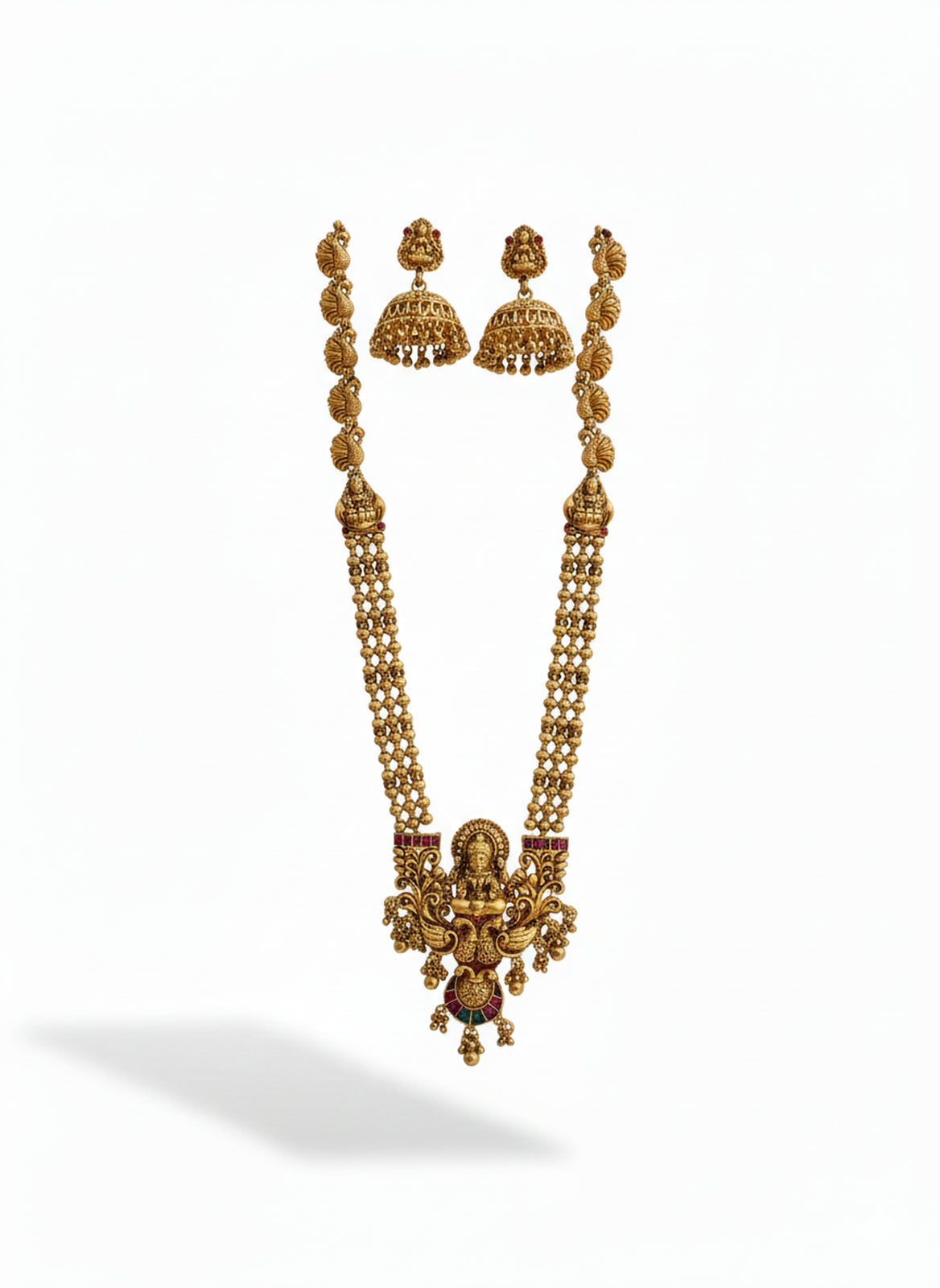 Jewel City Antique Gold-Plated Lakshmi Temple Long Necklace Set with Jhumka Earrings for Women