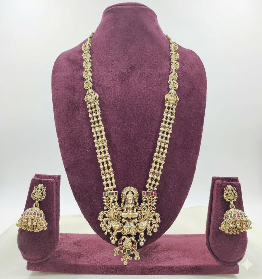 Jewel City Antique Gold-Plated Lakshmi Temple Long Necklace Set with Jhumka Earrings for Women