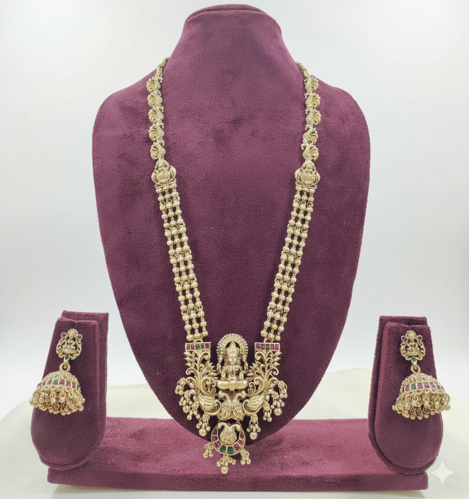 Jewel City Antique Gold-Plated Lakshmi Temple Long Necklace Set with Jhumka Earrings for Women