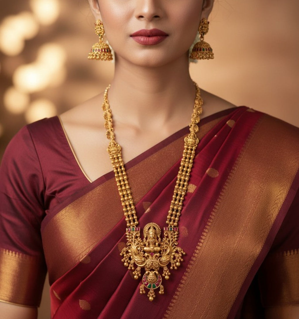 Jewel City Antique Gold-Plated Lakshmi Temple Long Necklace Set with Jhumka Earrings for Women