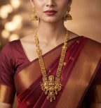 Jewel City Antique Gold-Plated Lakshmi Temple Long Necklace Set with Jhumka Earrings for Women