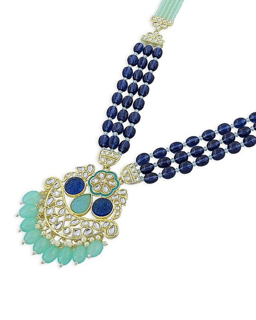 Jewel City Royal Blue Beaded Kundan Pendant Necklace Set | Mint Green Drop Beads | Traditional Gold-Plated Indian Jewelry Set