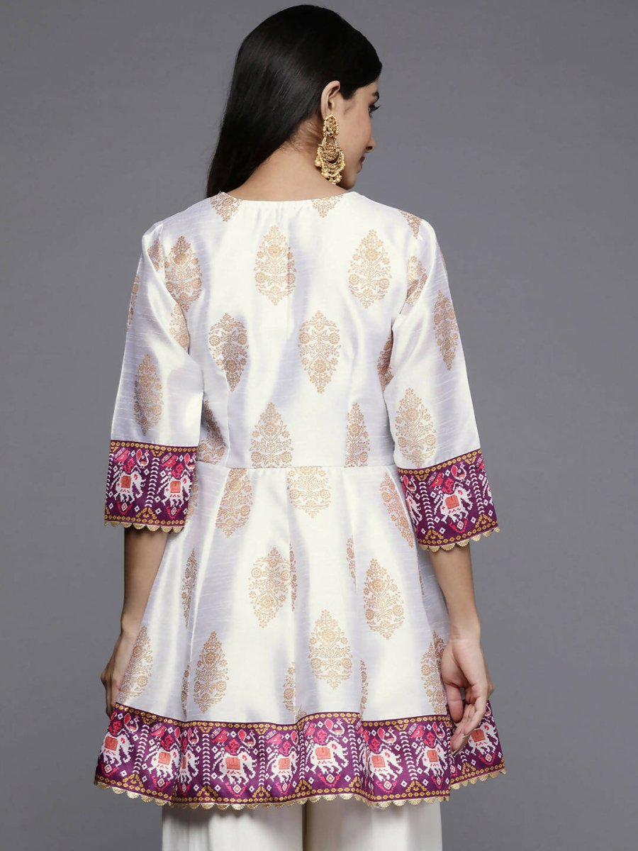 Ahalyaa Women White & Golden Ethnic Printed Tunic - Distacart
