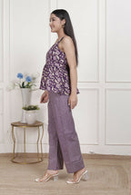 Miravan Womens Purple Round Neck Cotton Pleated Kurti & Palazzo Set