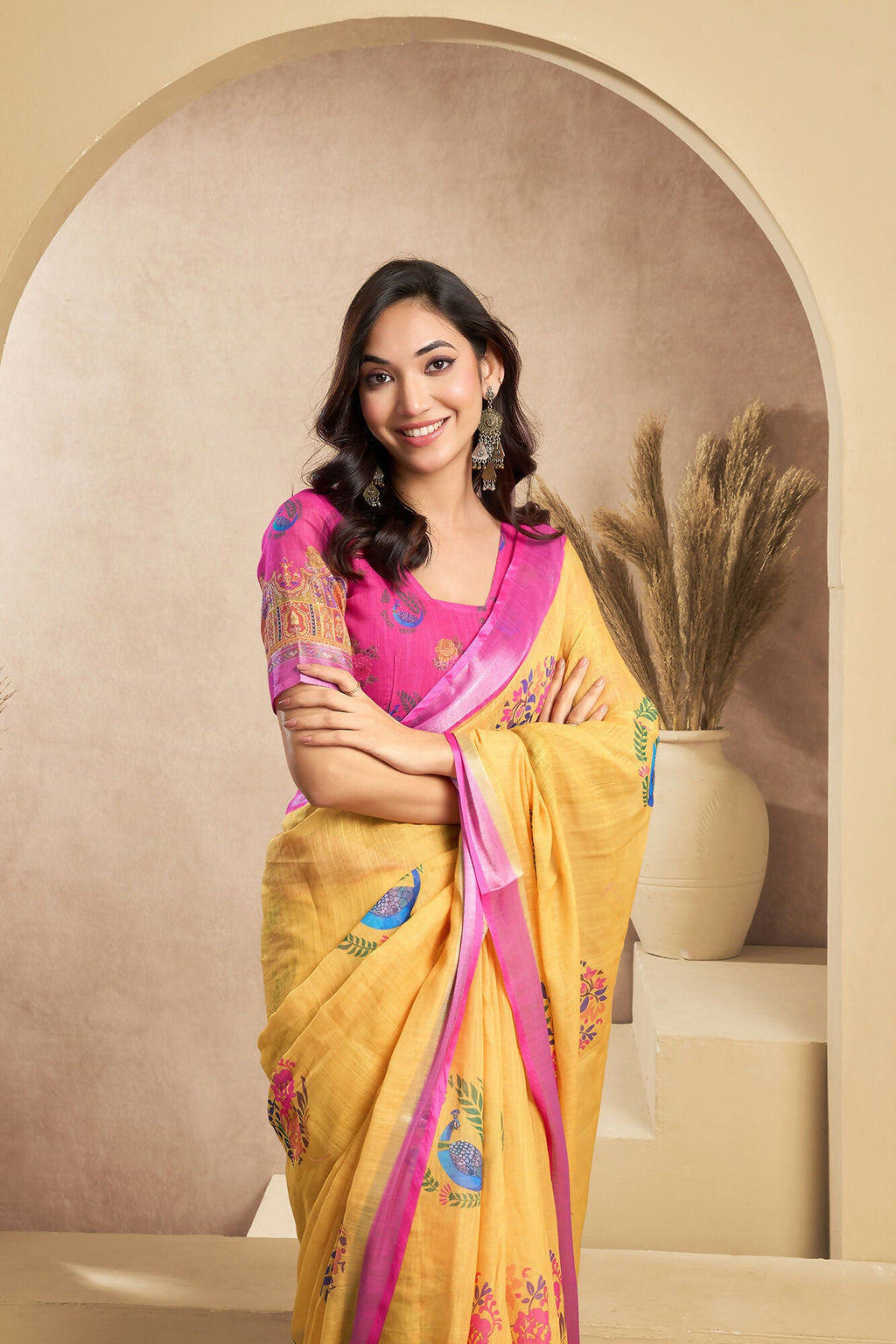 Vastranavya Mustard Digital Printed Linen Ready To Wear Designer Saree with Unstitched Blouse - Distacart
