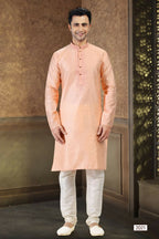 Raivat Ethnic Jacquard Banarasi Silk Thread Work Kurta Pajama In Peach Colour - Distacart