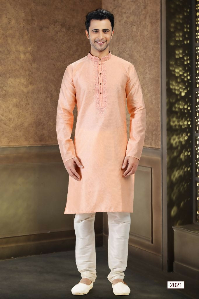 Raivat Ethnic Jacquard Banarasi Silk Thread Work Kurta Pajama In Peach Colour - Distacart