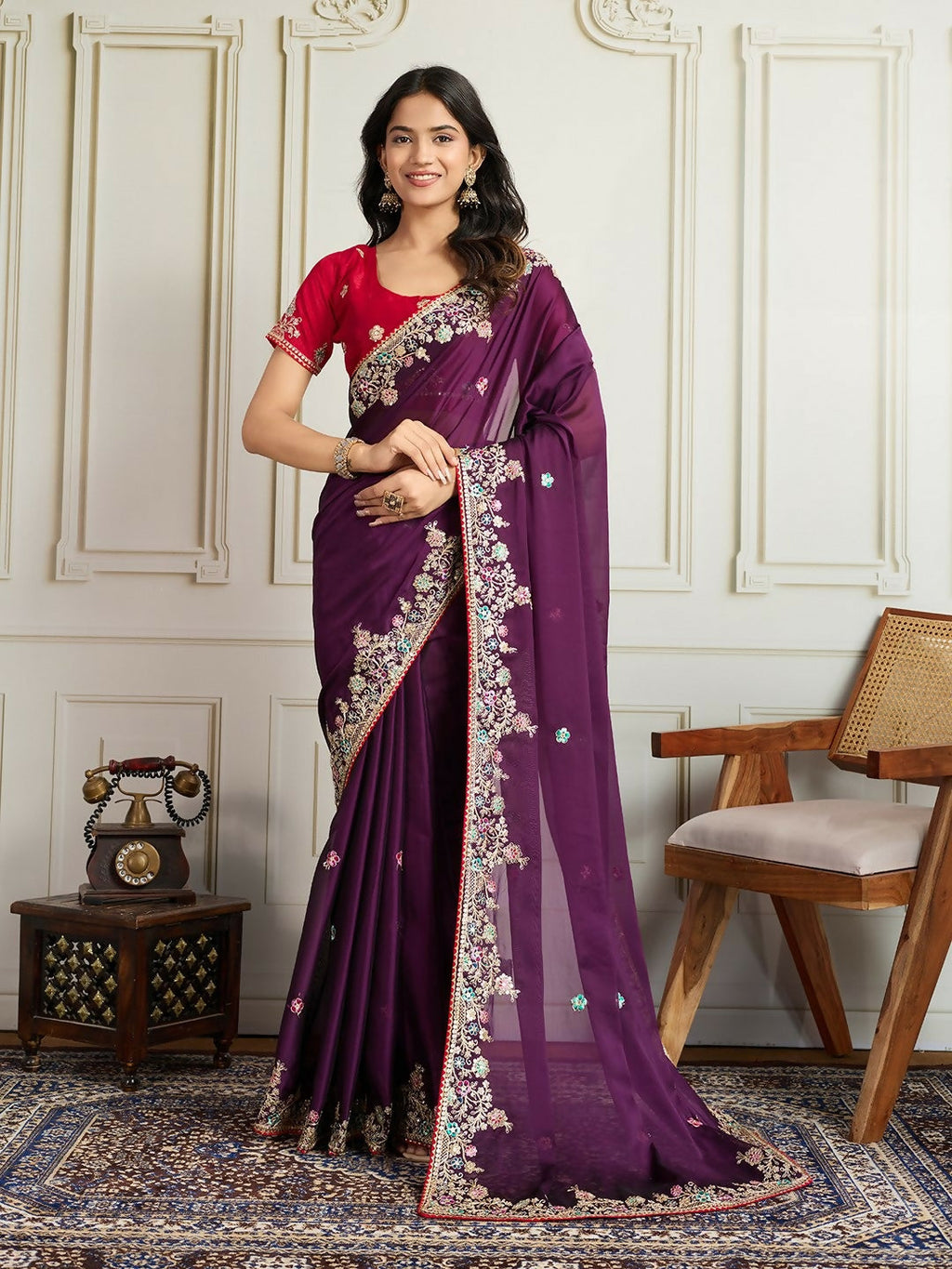 Ai Fashion Wine Rangoli Silk Embroidery Party Wear Saree - Distacart