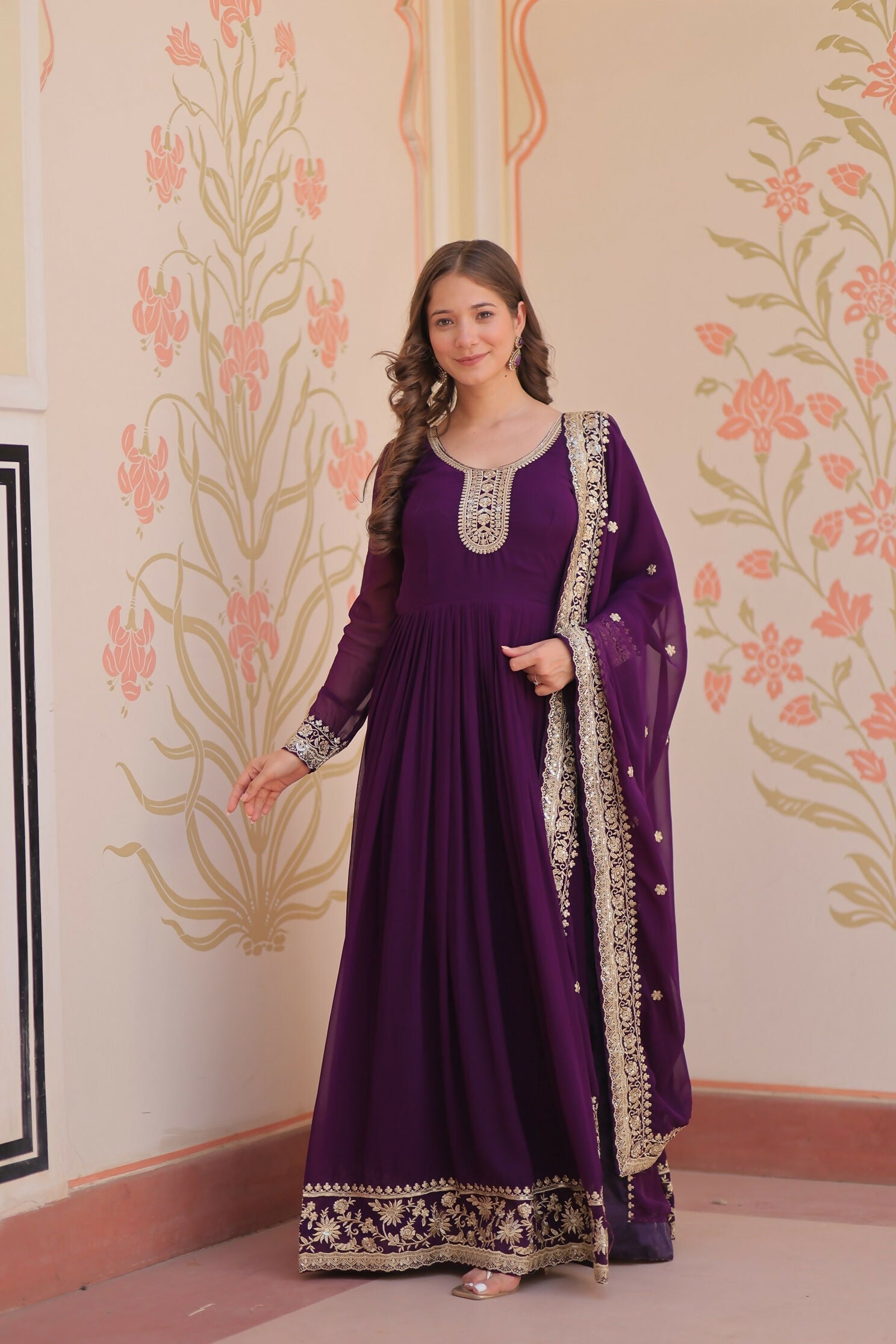 Joban Fashion Purple Georgette Sequence Embroidery Work Kurta Set - Distacart
