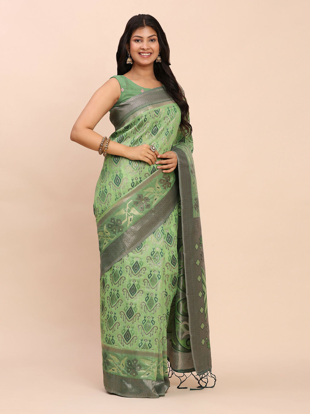 Shree Shyam Fashion Linen Cotton Green Saree - Distacart