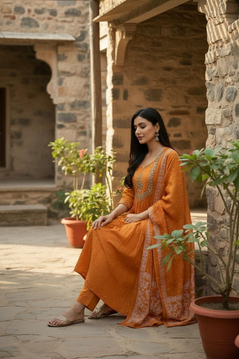 The52 Women's Beautiful Cotton Fabric Embroidery Work Flared Anarkali Pant and Dupatta Set - Distacart