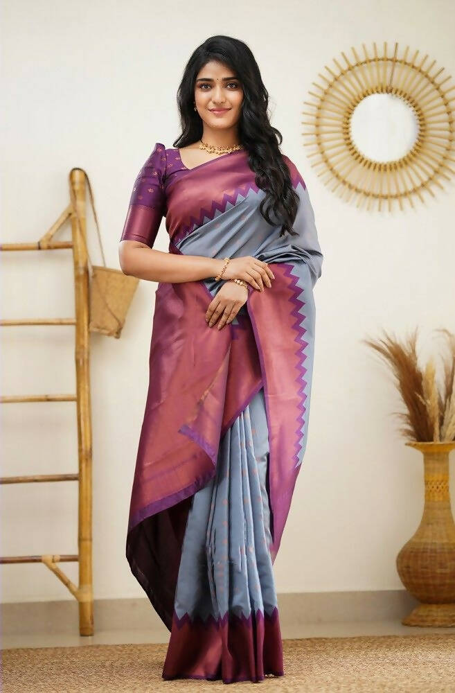 DEIANA'S Beautiful Designer Golden zari Soft Lichi Silk Saree - Grey