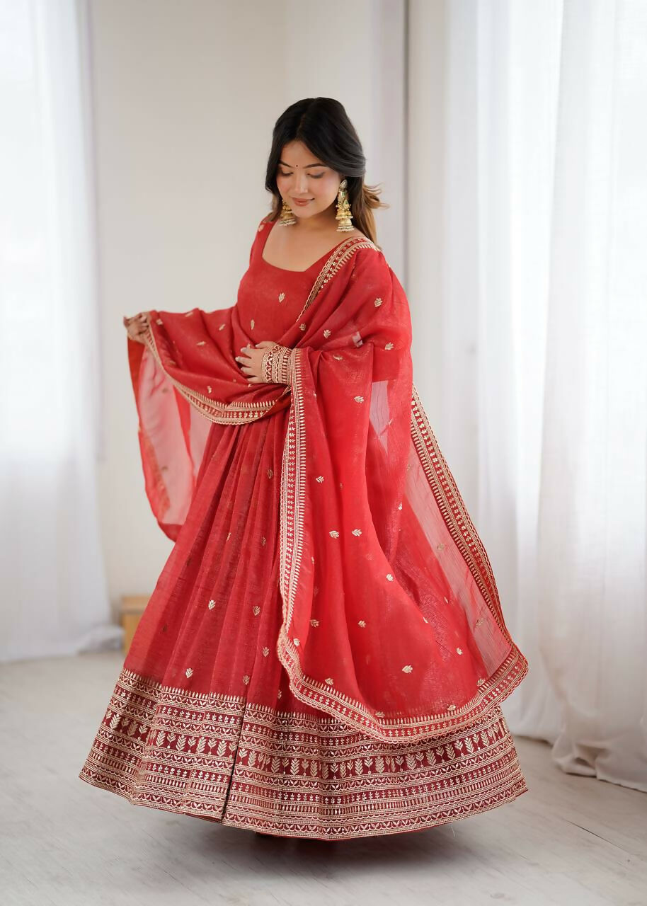 The52 Women's Beautiful Embroidery Work Crunchy Silk Fabric Flared Anarkali and Dupatta Set - Distacart