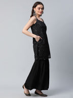 Ahalyaa Women Black Net Glitter Print Short Kurti With Sharara Dupatta Set - Distacart