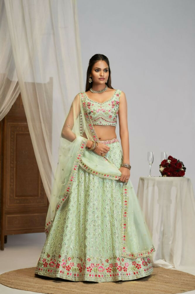 Pastel Green Georgette Thread Embroidery Work Lehenga Choli For Women - Jihu Culture