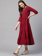 Yufta Women Maroon Embroidered Tiered Anarkali Kurta