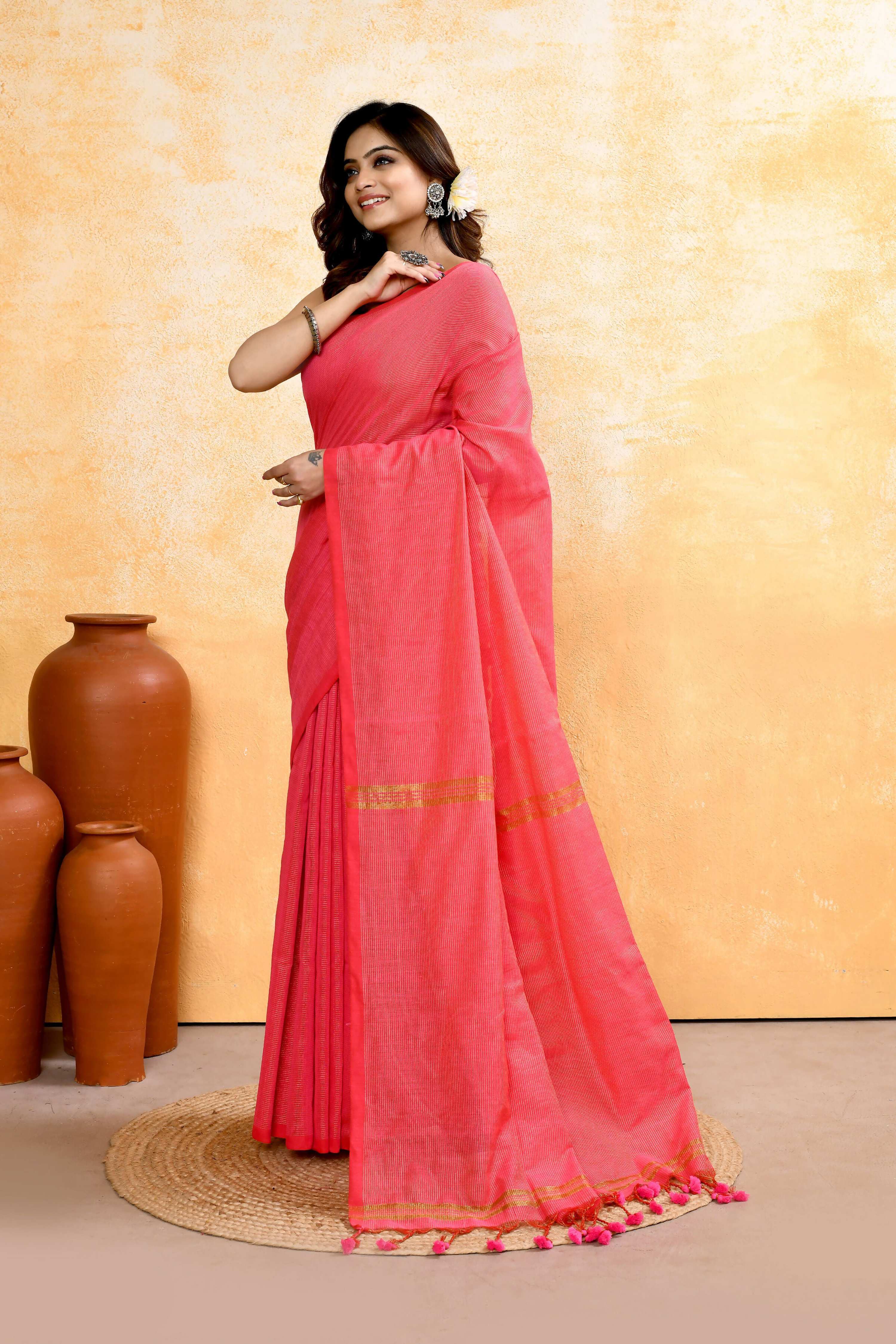 Piyari Fashion Women's Pink Embellished Cotton Blend Zari Check Handloom Saree - Distacart
