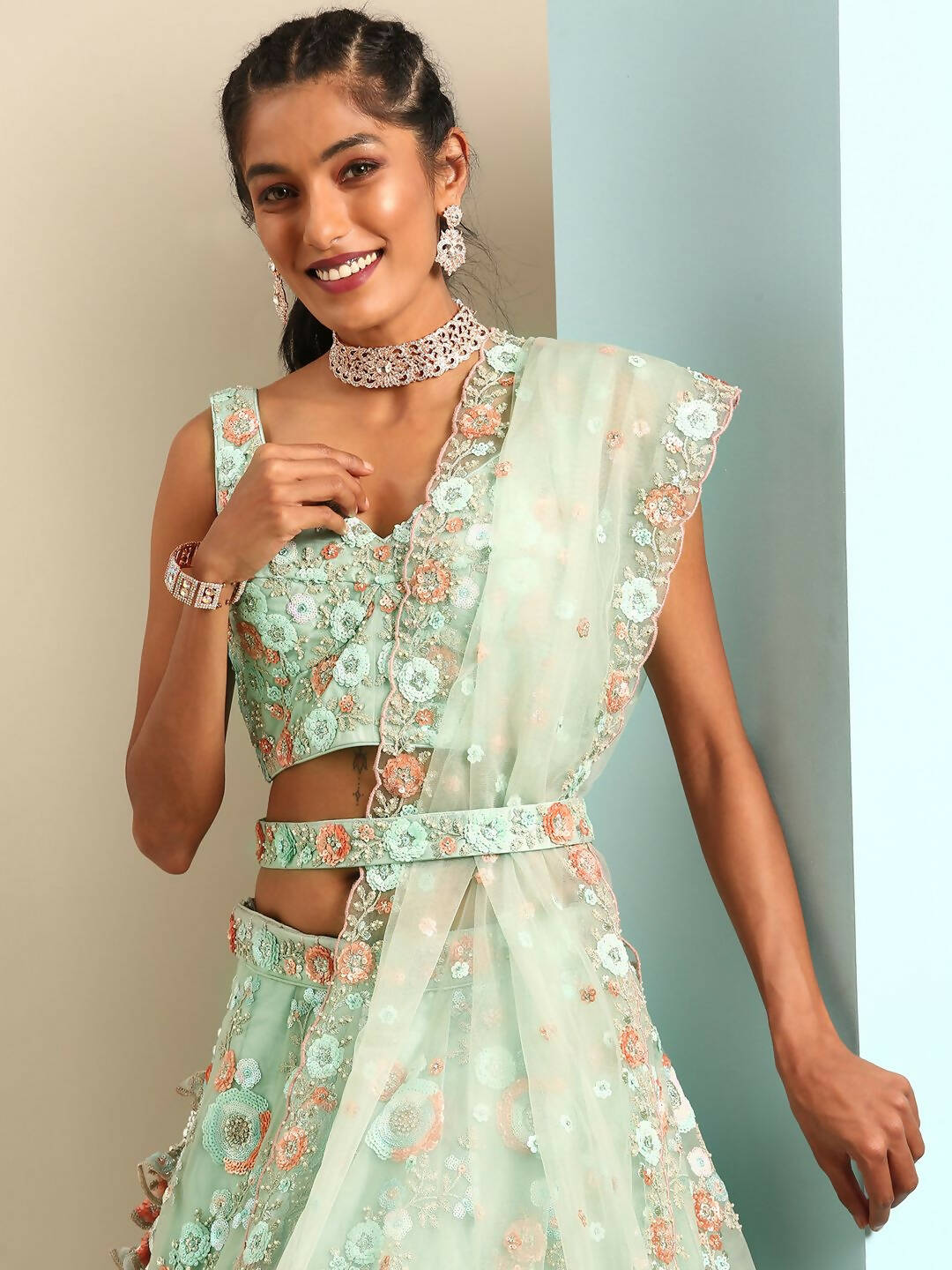 House of Panchhi Sea Green Net Sequins and Zarkan embroidery Lehenga choli & Dupatta