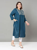 Sztori Plus Size Floral Yoke Design Mirror Work Straight Kurta