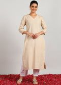 Aavyora Women's Beige Woven Striped V-Neck Kurta - Distacart