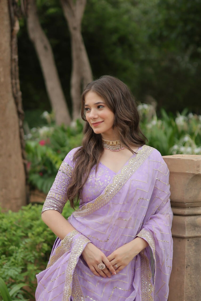 Lorenvalley Lavender Pure Viscose Jacquard with Golden Embroidered Sequins work Lehenga Choli