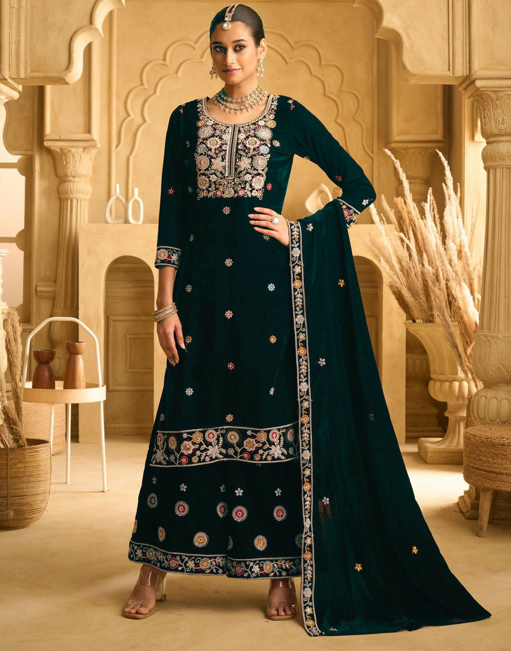 Anaita Dark Green Embroidered Work Velvet Stitched Plazo Suit - Distacart