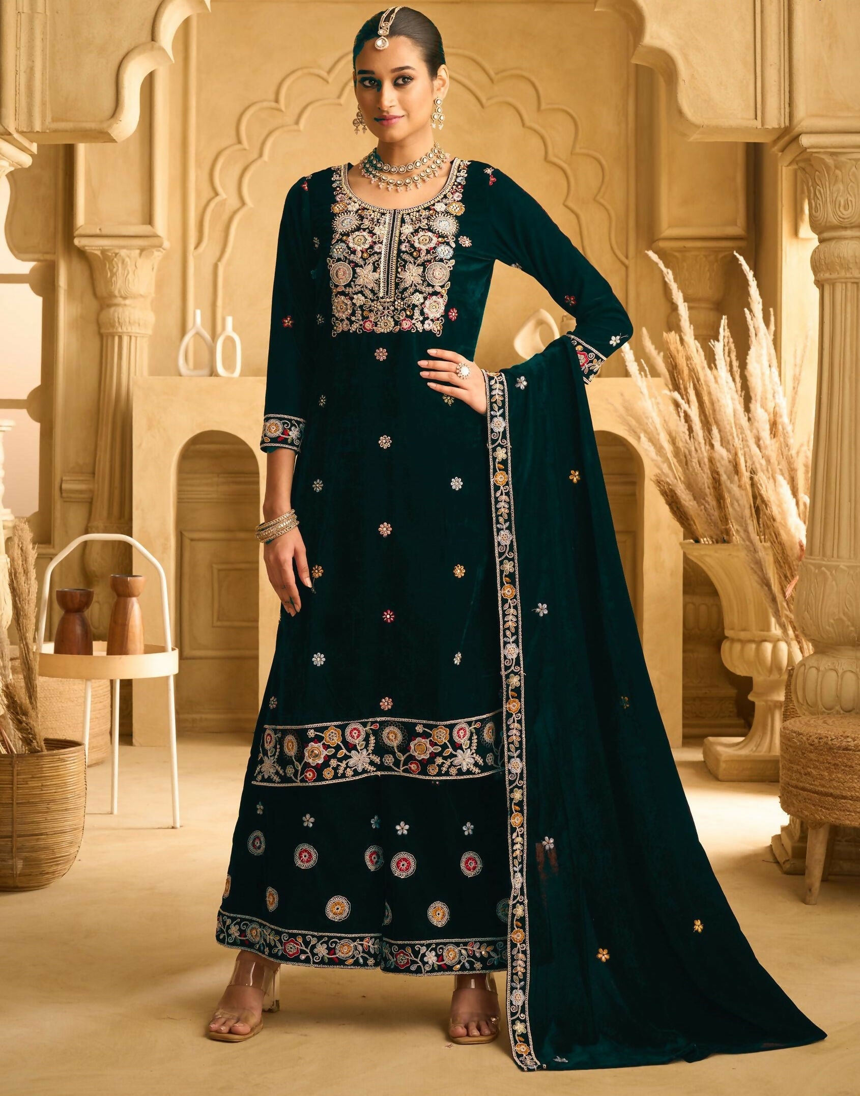 Anaita Dark Green Embroidered Work Velvet Stitched Plazo Suit - Distacart